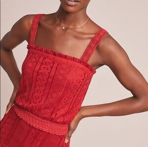 ANTHROPOLOGIE Soigne Red Eyelet Lace Sleeveless Cropped Top Bohemian Summer